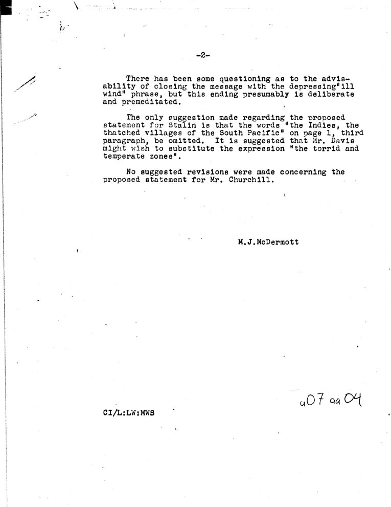 [a07aa04.jpg] - memo to Mr. McDermott 8/1/42