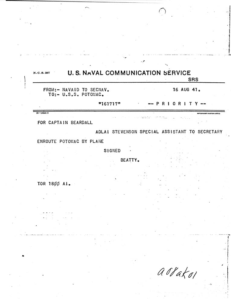 [a08ak01.jpg] - NAVAID TO SECNAV-->U.S.S. Potomac 8/16/41