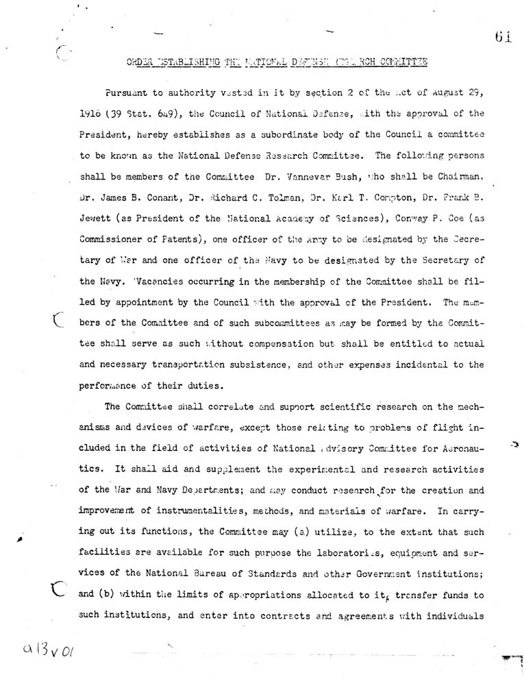 [a13v01.jpg] - Order Establishing the National Defense Research Committee