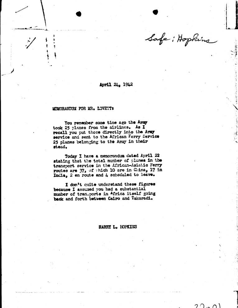 [a32n01.jpg] - Memoradum from Hopkins to Mr. Lovett 4/24/42