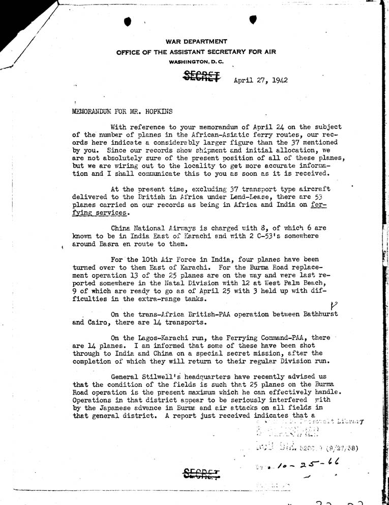 [a32n02.jpg] - Memoradum from Hopkins to Mr. Lovett 4/24/42