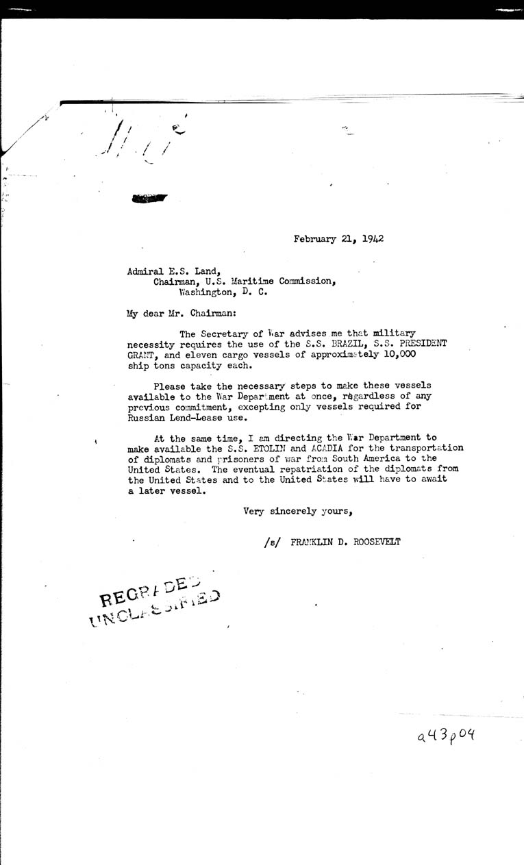 [a43p04.jpg] - Memorandum-Chief of Staff-->President-Feb 21, 1942