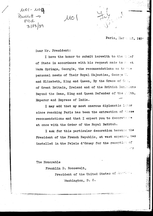 [a304m01.jpg] - Bullitt-->FDR (suggesstions for furnishing of His Majesty's room) 3/23/39