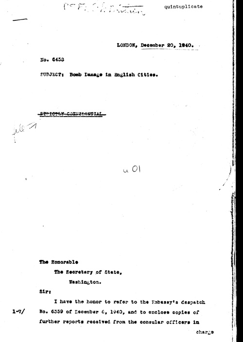 [a311u01.jpg] - Herschel V. Johnson Charge d'Affaires ad interim to Secretary of State Report on Bomb damage in English cities 12/20/40