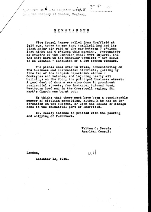 [a311u11.jpg] - Herschel V. Johnson Charge d'Affaires ad interim to Secretary of State Report on Bomb damage in English cities 12/20/40