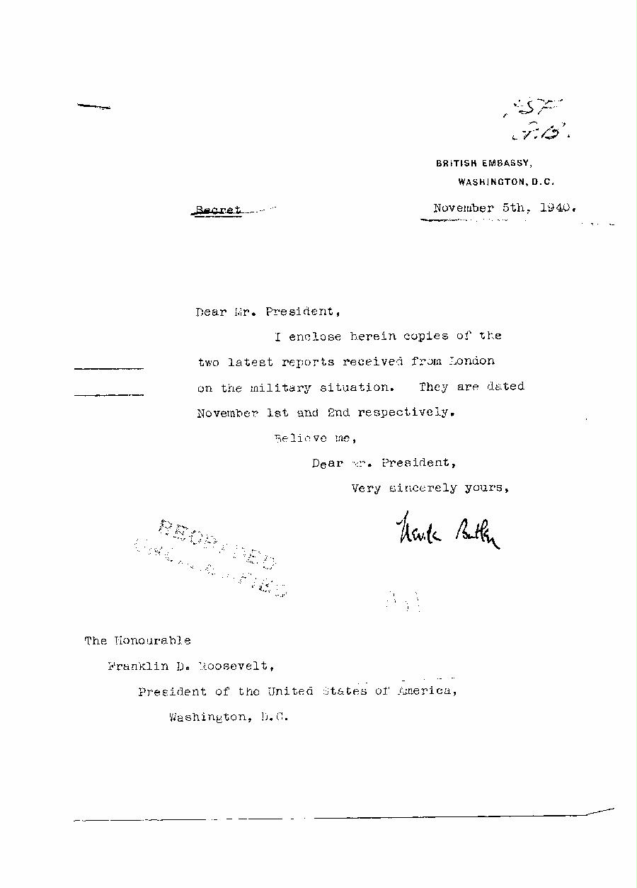 [a313c01.jpg] - Cover letter,Butler--> FDR 11/5/40