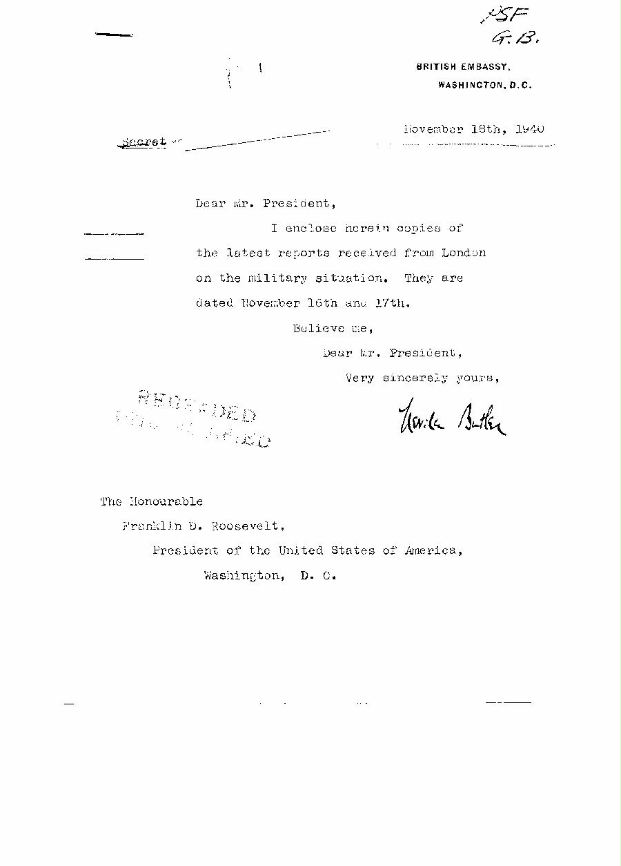 [a313p01.jpg] - Cover letter,Butler--> FDR 11/18/40