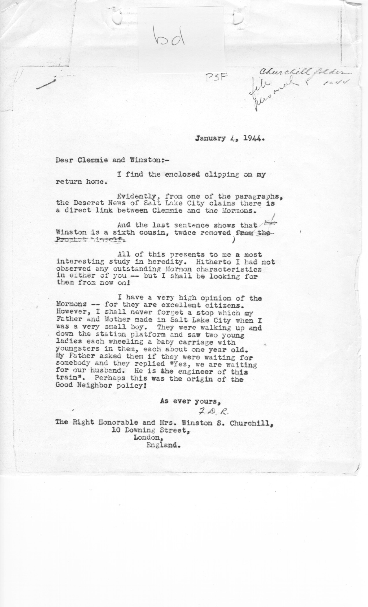 [a335b01.jpg] - FDR --> Clemmie and Winston Churchill 1/4/44