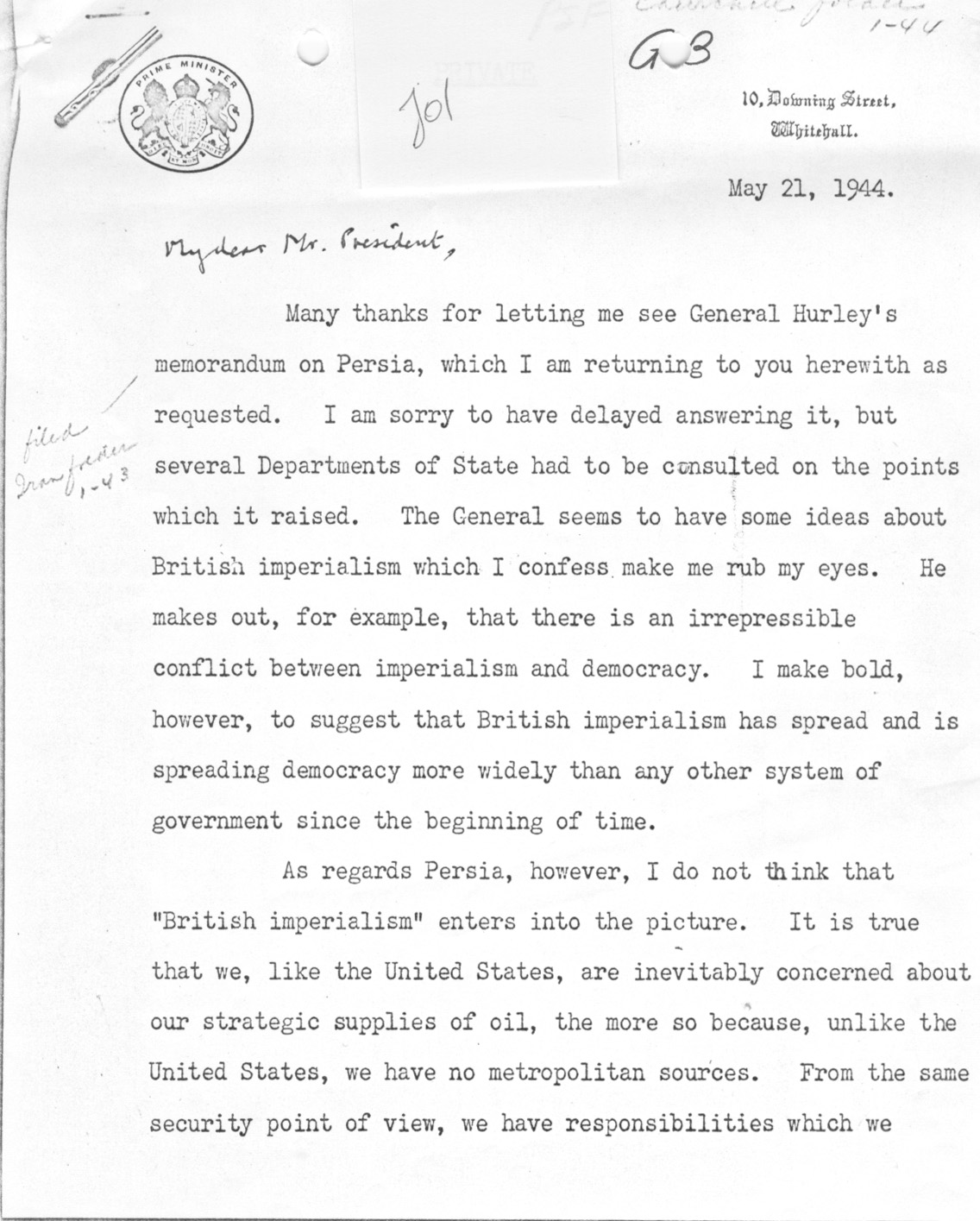 [a335j01.jpg] - Winston Churchill --> FDR re: government of Persia 5/21/44