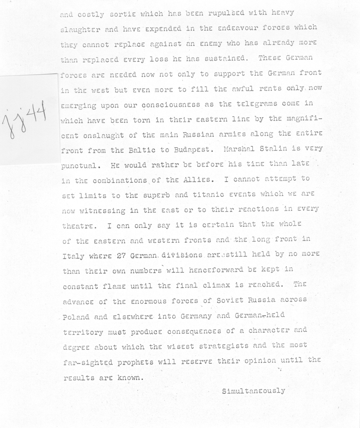 [a335jj44.jpg] - Telegram from London --> Secretary of State- Copy of speech delivered in House of Commons by Churchill on 1/18/45