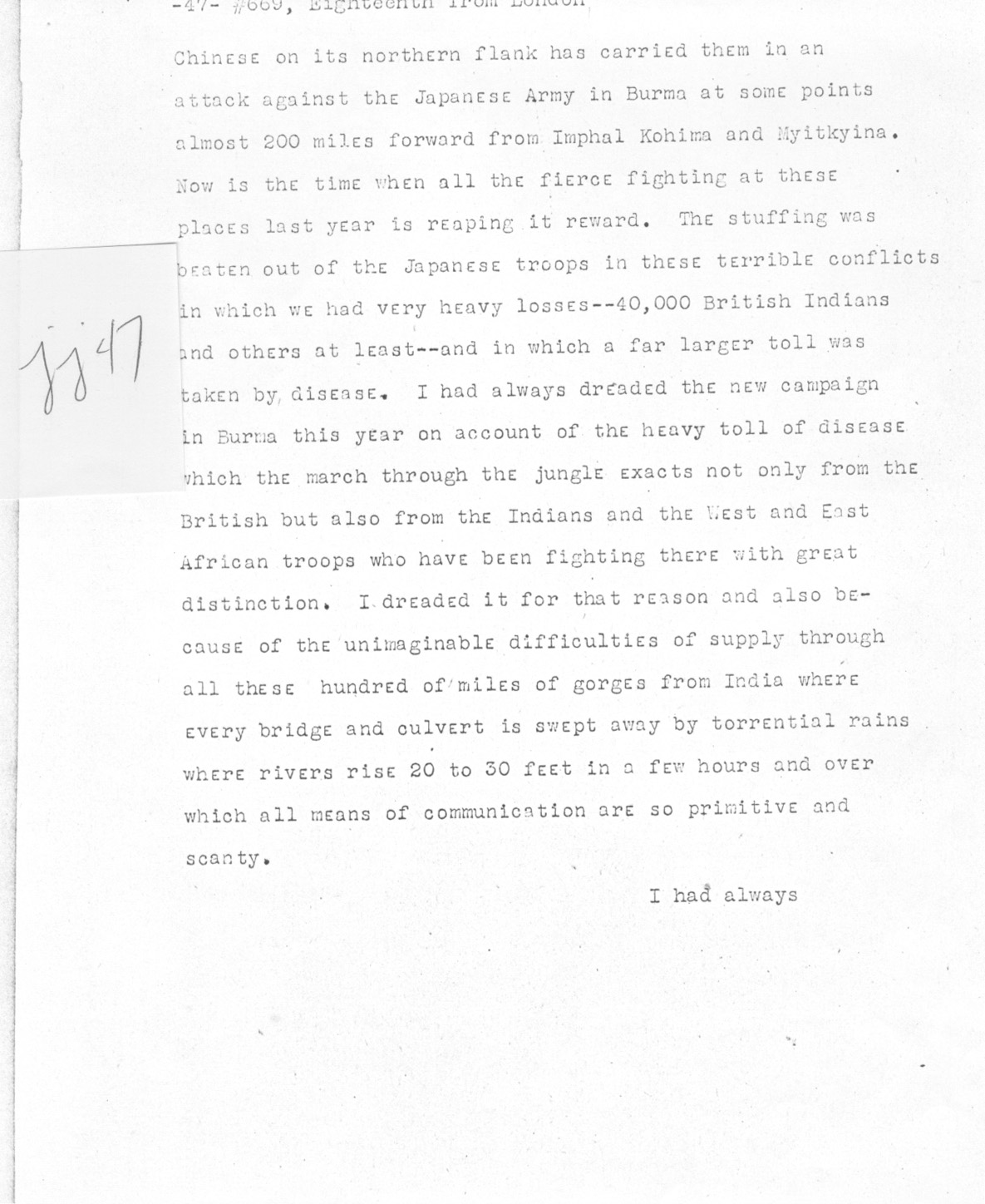 [a335jj47.jpg] - Telegram from London --> Secretary of State- Copy of speech delivered in House of Commons by Churchill on 1/18/45