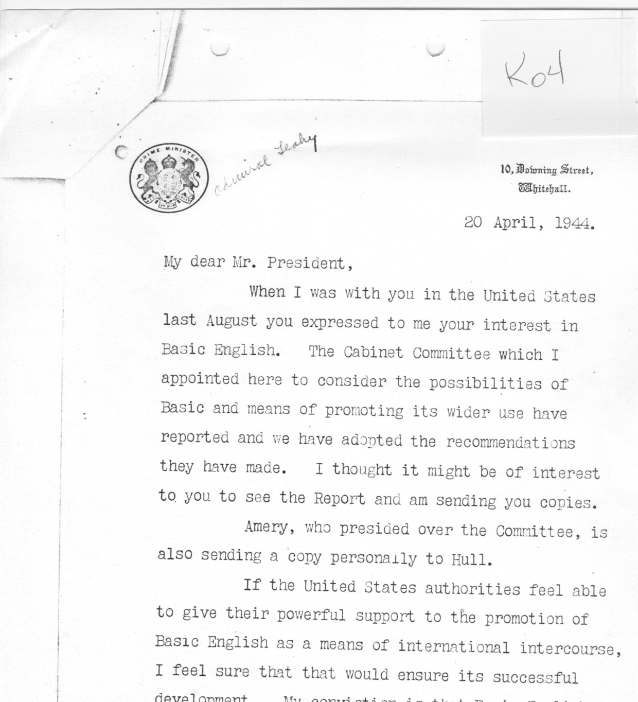 [a335k04.jpg] - Winston Churchill --> FDR re: Basic English 4/20/44