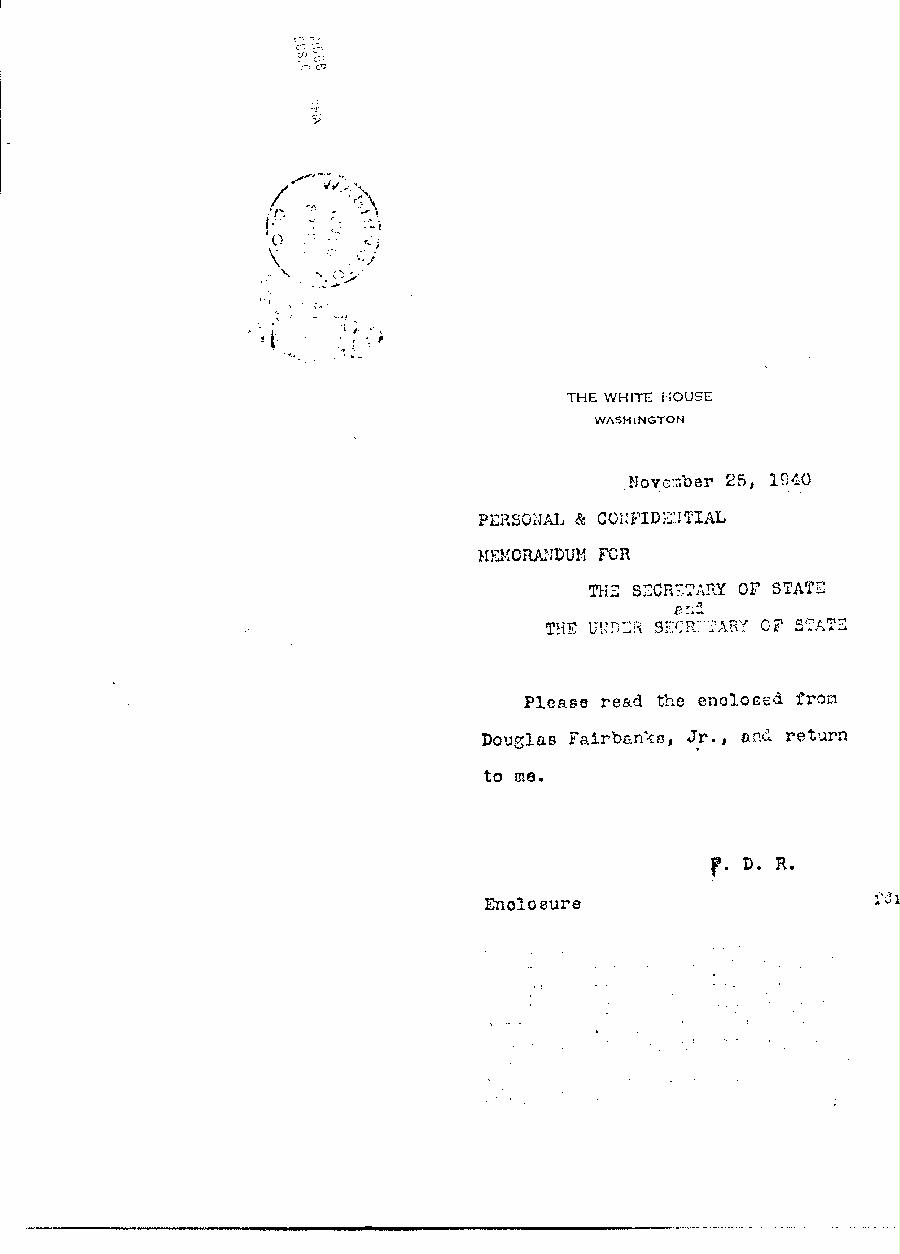 [a340ff06.jpg] - Memo Cover: FDR-->Hull and Welles  11/25/40