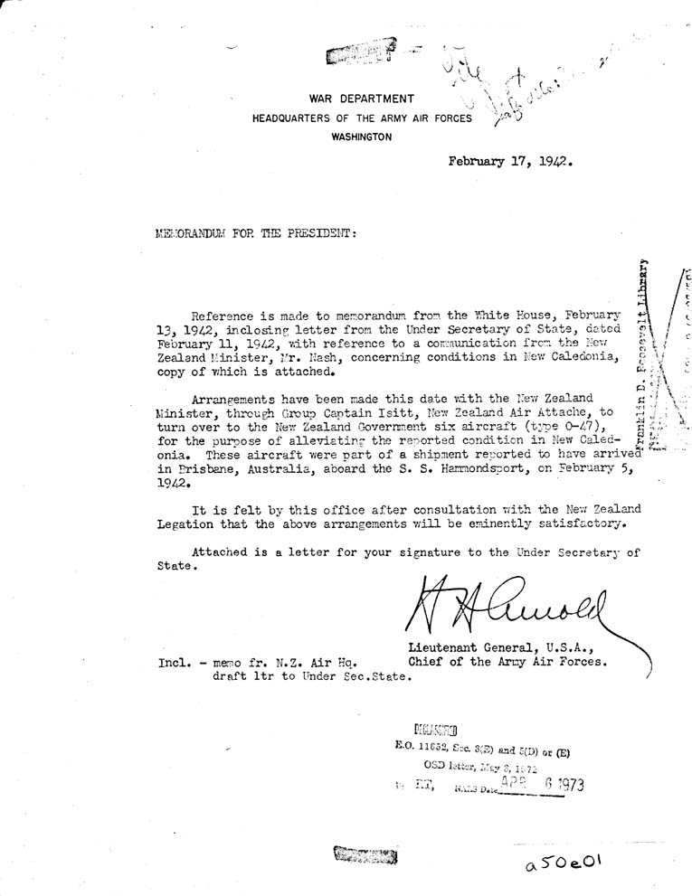 [a50e01.jpg] - Memorandum, H.H. Arnold-->President-February 17, 1942