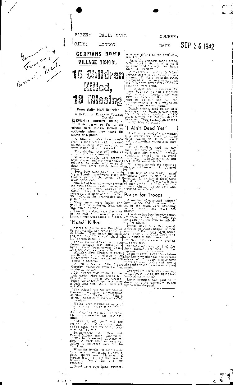 [a466r01.jpg] - newspaper articles of German bombing of UK school 9/30/42
