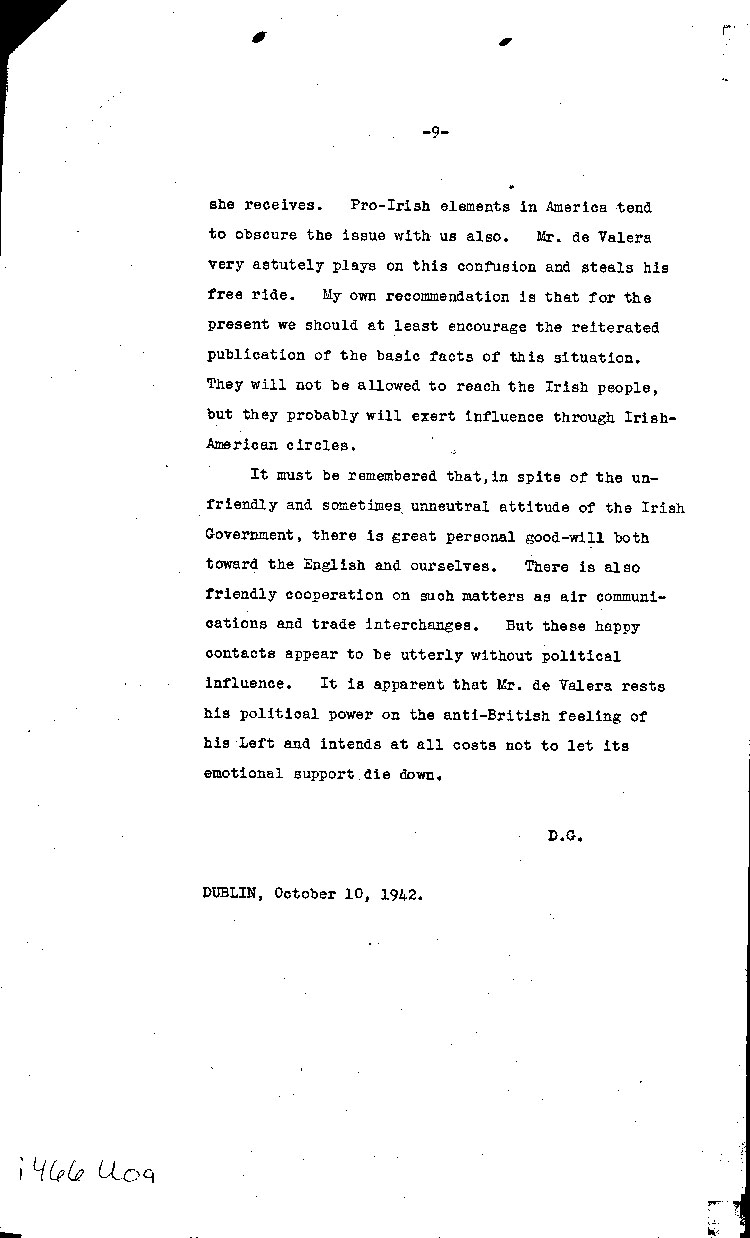 [a466u09.jpg] - memo on State of Ireland 10/10/42