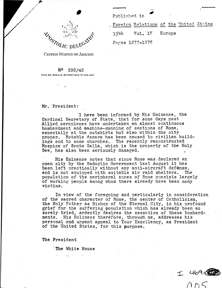 [a469c05.jpg] - Memo: FDR --> Archbishop Cicognani 3/01/44