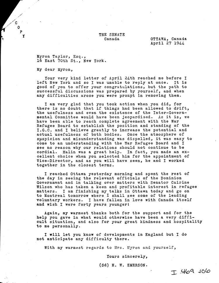 [a469i06.jpg] - Memo: H.W Emerson --> Myron Taylor          4/27/44