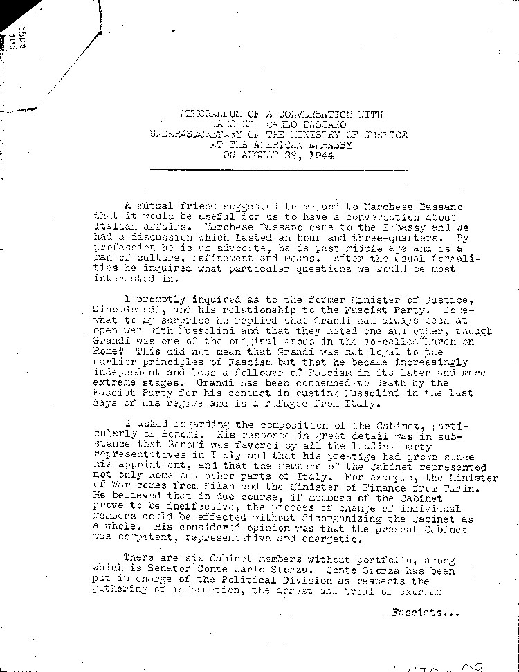 [a470e09.jpg] - Memorandum of a Conversation with Marchese Carlo Bassano 8/28/44