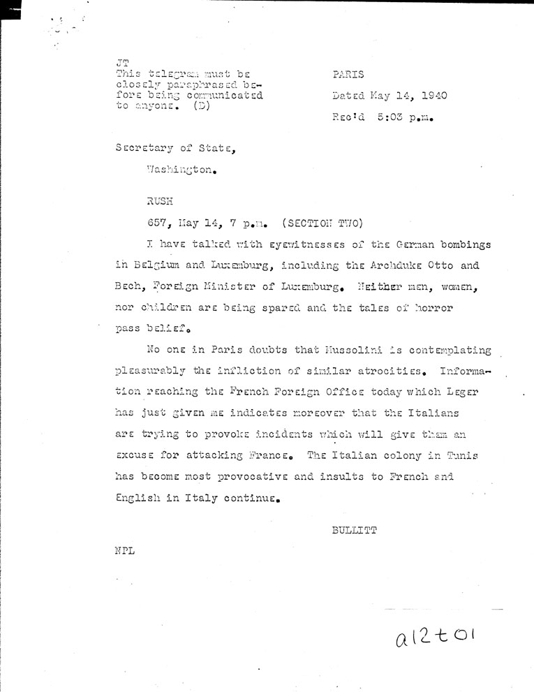 [a12t01.jpg] - Secretary of State to Bullitt- 5/14/40