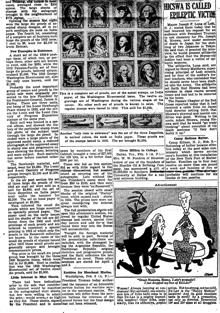 [a903aa02.jpg] - Newspaper article on FDR's stamp collection Tuesday February 5, 1946