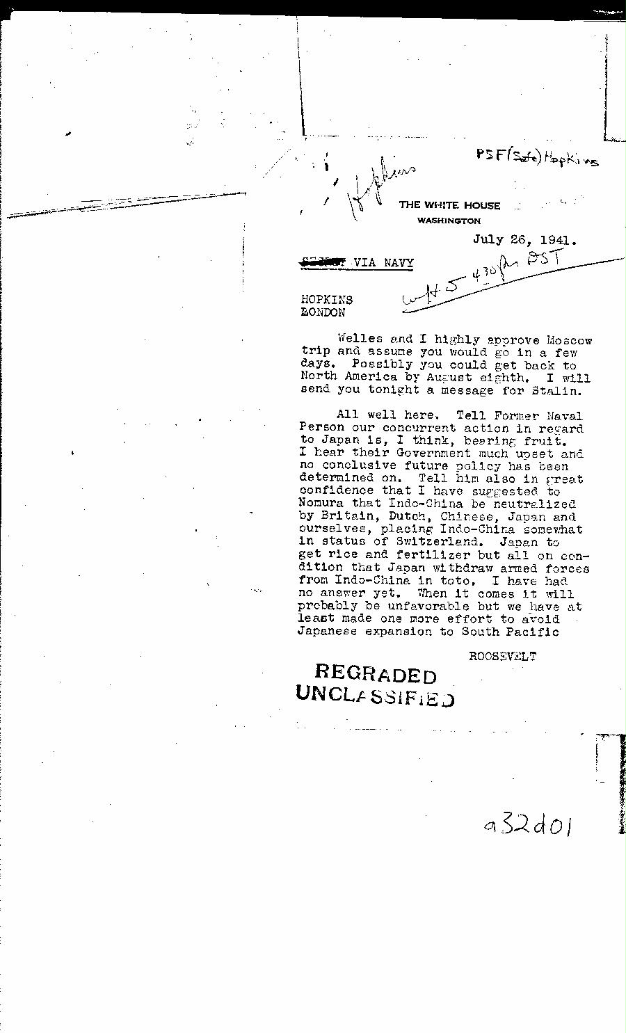 [a32d01.jpg] - From Roosevelt to Hopkins 7/26/41