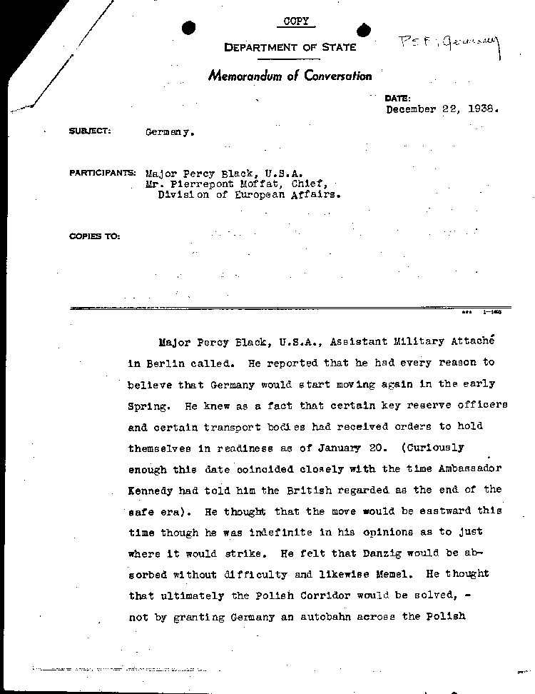 [a294al02.jpg] - Memorandum of conversation between Major Percy Black and Mr. Pierrepont Moffat 12/22/38