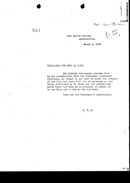 [a304k01.jpg] - Memo for Miss LeHand 3/9/39