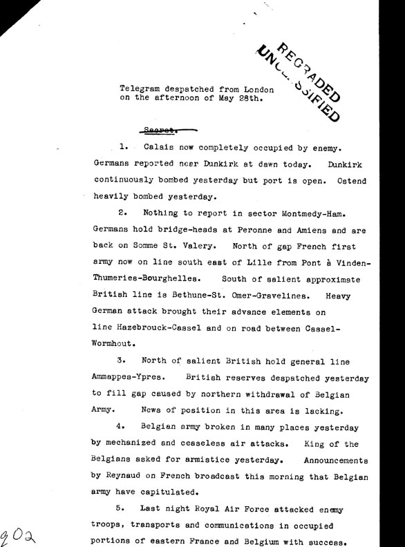 [a306q02.jpg] - Telegram despatched from London on the afternoon of May 28th 1940