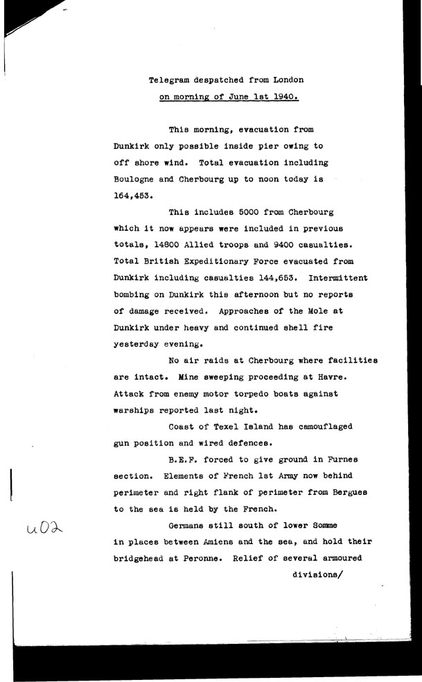 [a306u02.jpg] - Telegram despatched from London on the morning of June 1st 1940