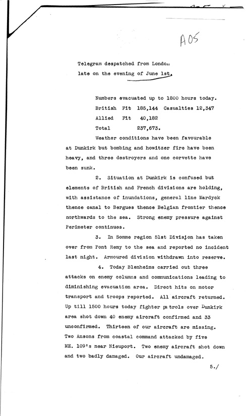 [a307a05.jpg] - Telegram on military situation 6/1/1940