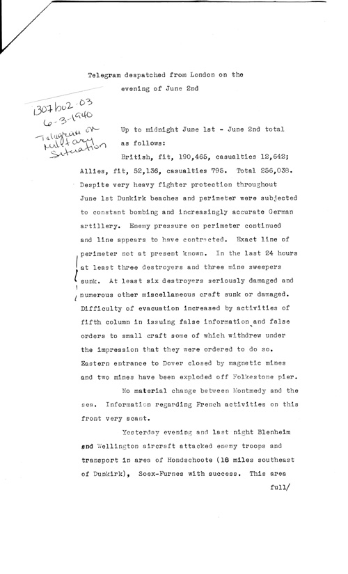 [a307b02.jpg] - Telegram on military situation 6/3/1940