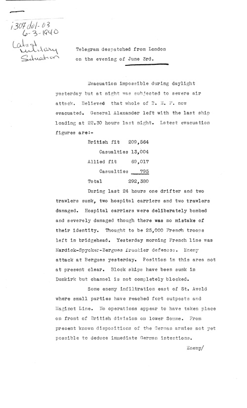 [a307d01.jpg] - Telegram on military situation 6/3/1940