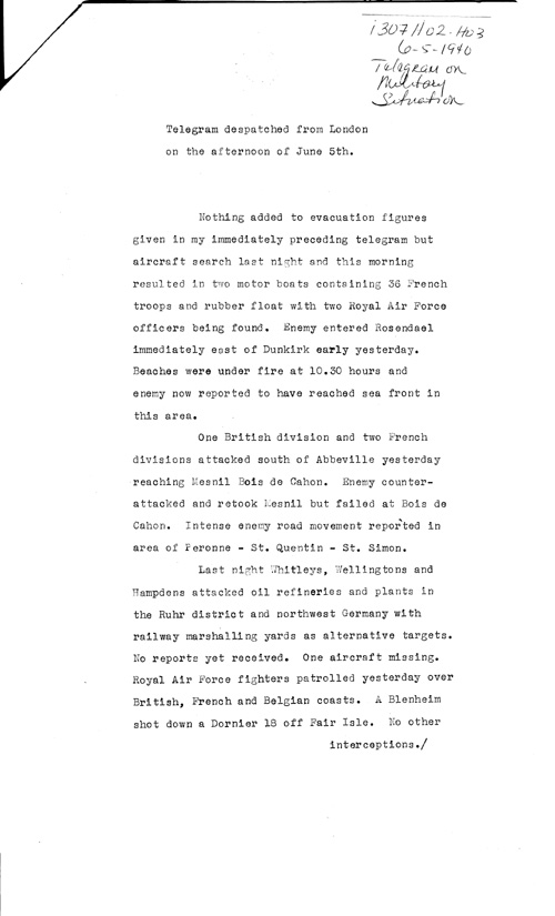 [a307h02.jpg] - Telegram on military situation 6/5/1940