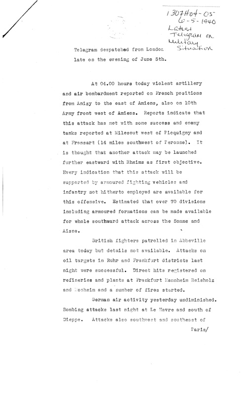 [a307h04.jpg] - Telegram on military situation 6/5/1940