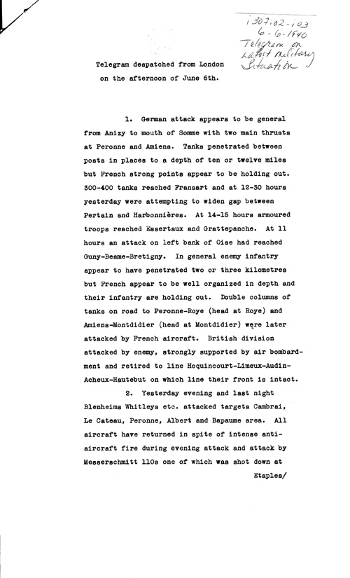 [a307i02.jpg] - Telegram on military situation 6/6/1940