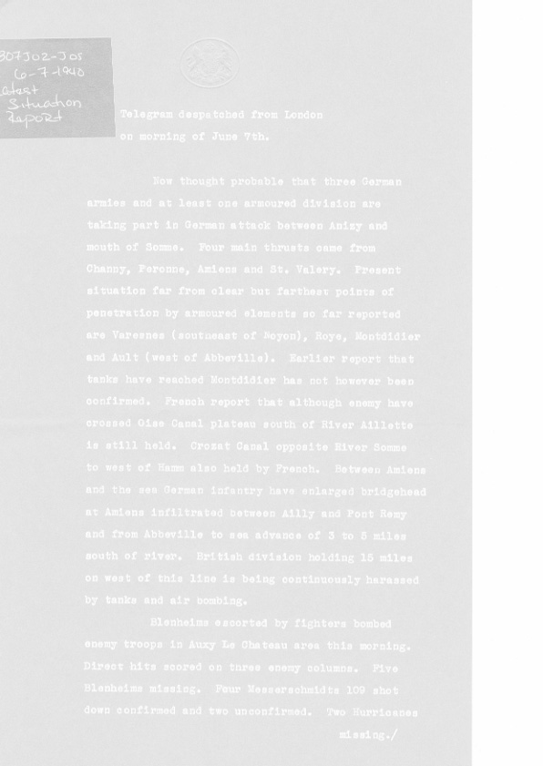 [a307j02.jpg] - Telegram on Military situation 6/7/1940