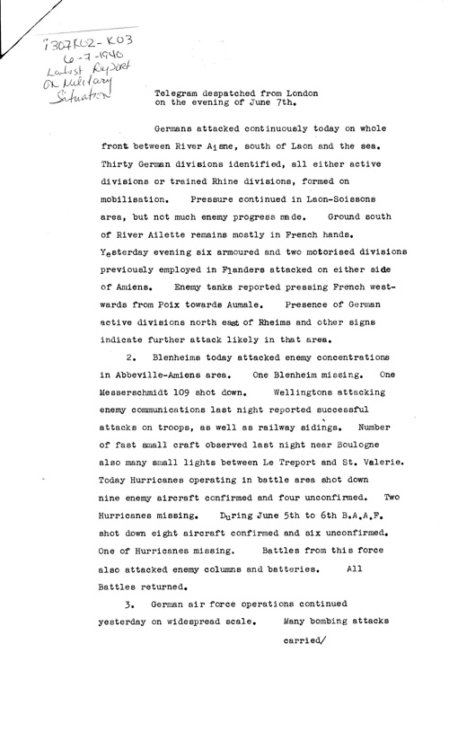 [a307k02.jpg] - Telegram on Military situation 6/7/1940