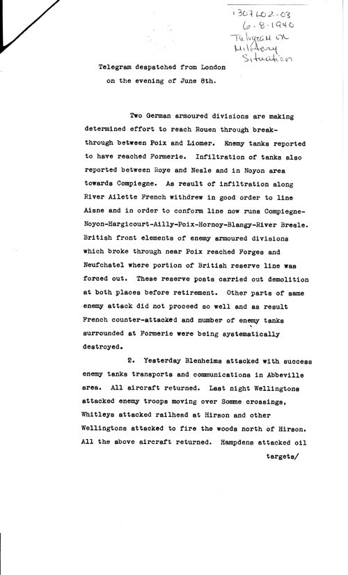 [a307l02.jpg] - Telegram on military situation 6/8/1940