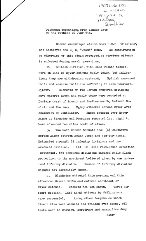 [a307l06.jpg] - Telegram on military situation 6/9/1940