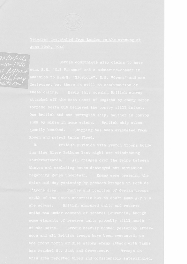 [a307n04.jpg] - Latest report on military situation 6/10/1940