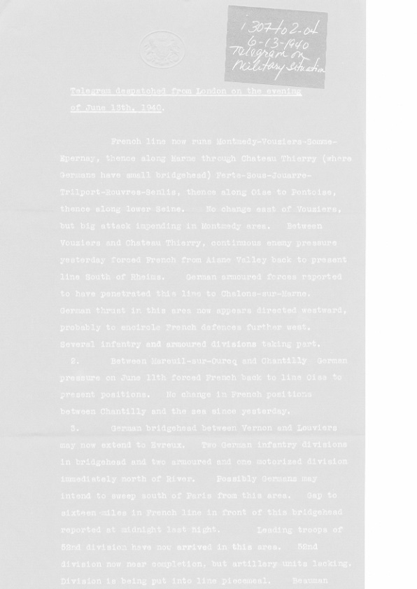 [a307t02.jpg] - Telegram on military situation 6/13/1940