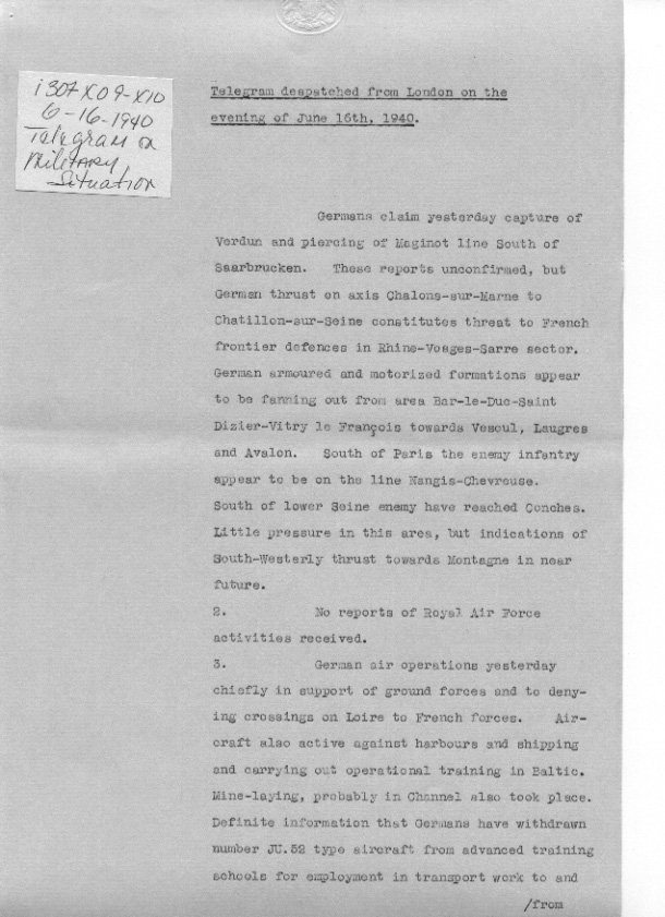 [a307x09.jpg] - Telegram on military situation 6/16/1940