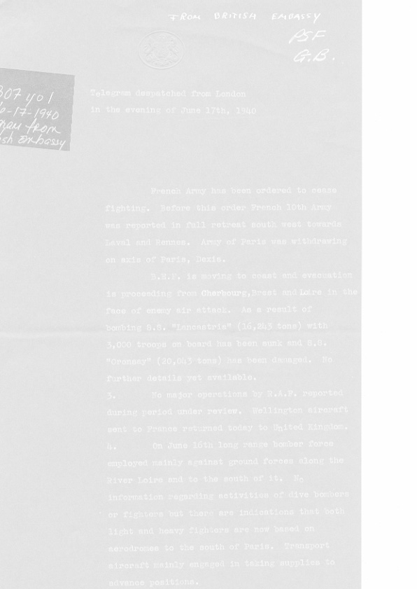 [a307y01.jpg] - Telegram from British Embassy 6/17/1940