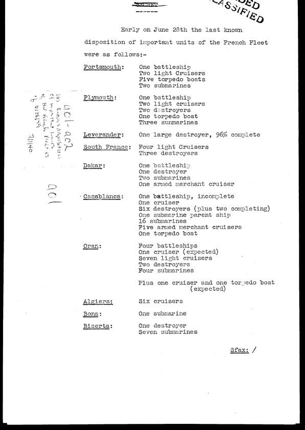 [a308a01.jpg] - Last known disposition of important units of the French Fleet as of 6/28/40  7/1/40.