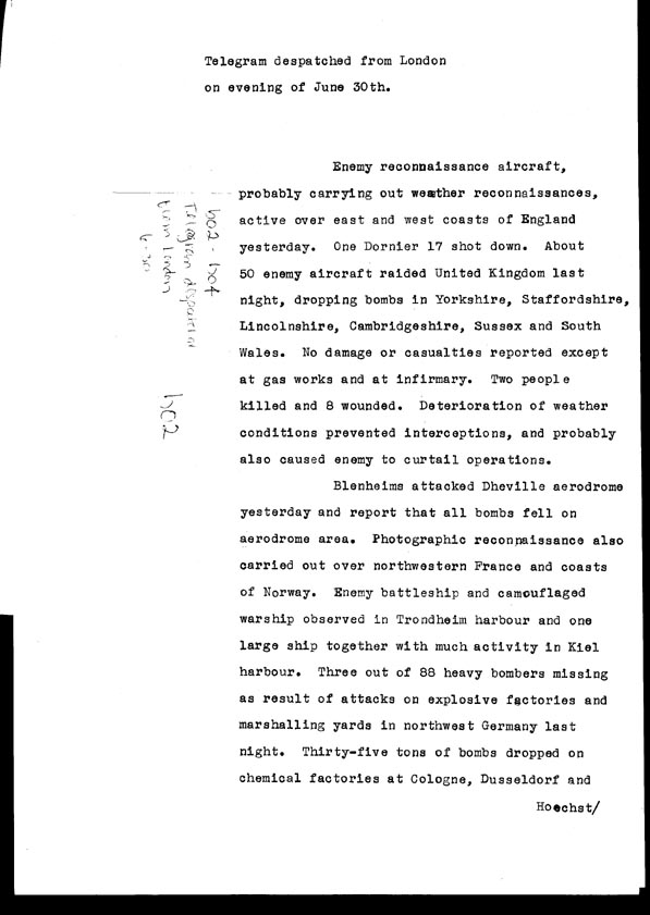 [a308b02.jpg] - Telegram dispatced from London re. military situation  6/30/40
