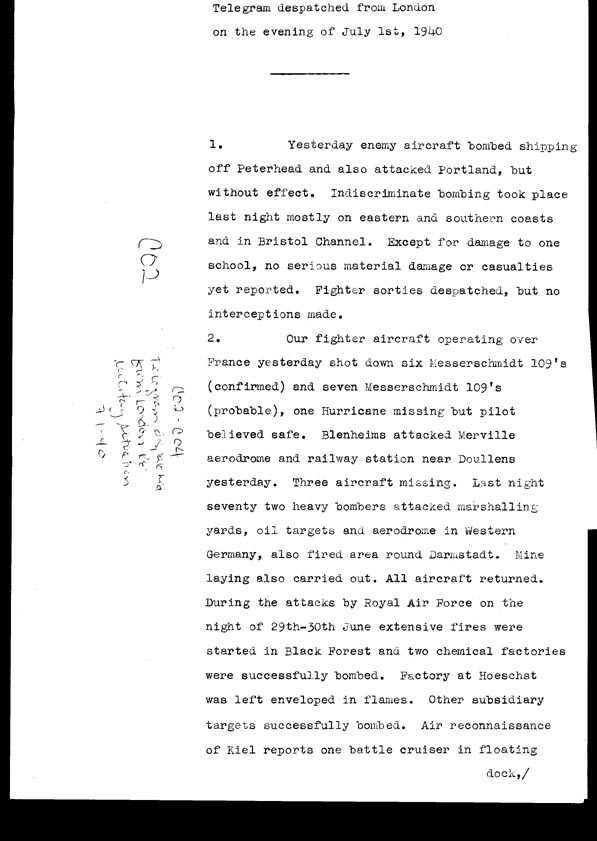 [a308c02.jpg] - Telegram dispatched from London re. military situation 7/1/40