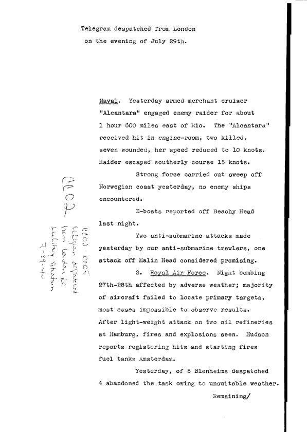 [a308cc02.jpg] - Telegram dispatched from London re. military situation 7/29/40