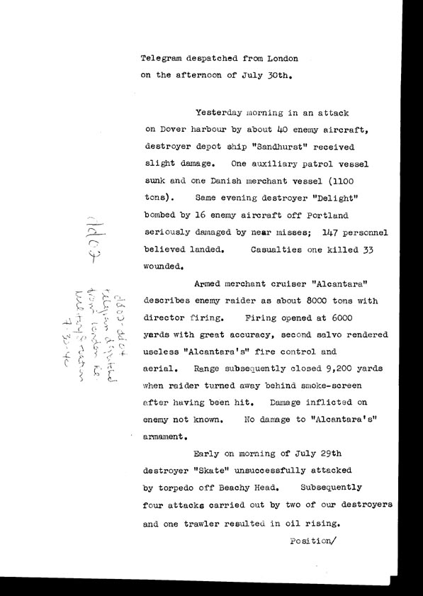 [a308dd02.jpg] - Telegram dispatched from London re. military situation  7/30/40