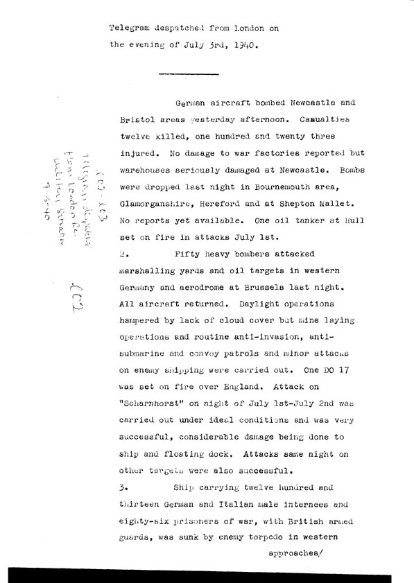 [a308e02.jpg] - Telegram dispatched from London re. military situation 7/3/40